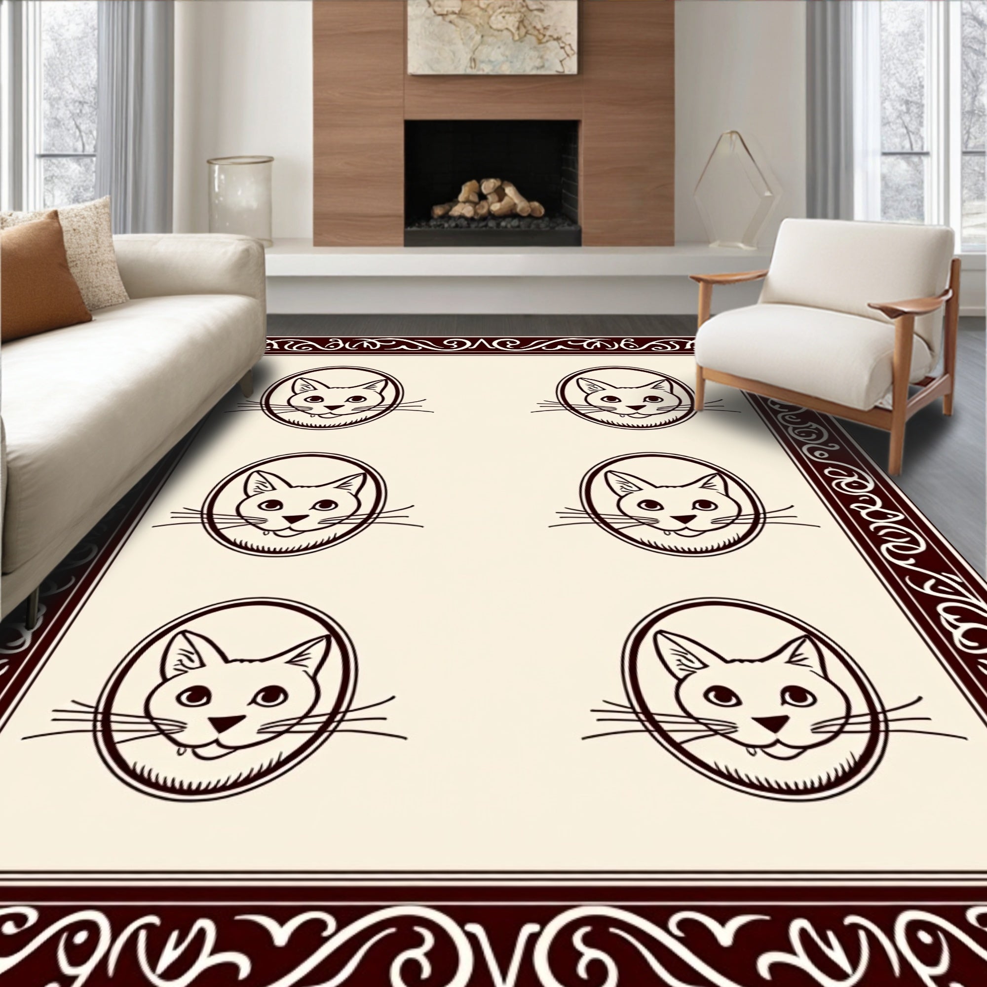 Dark Brown Cat Portraits Oval Border Rug