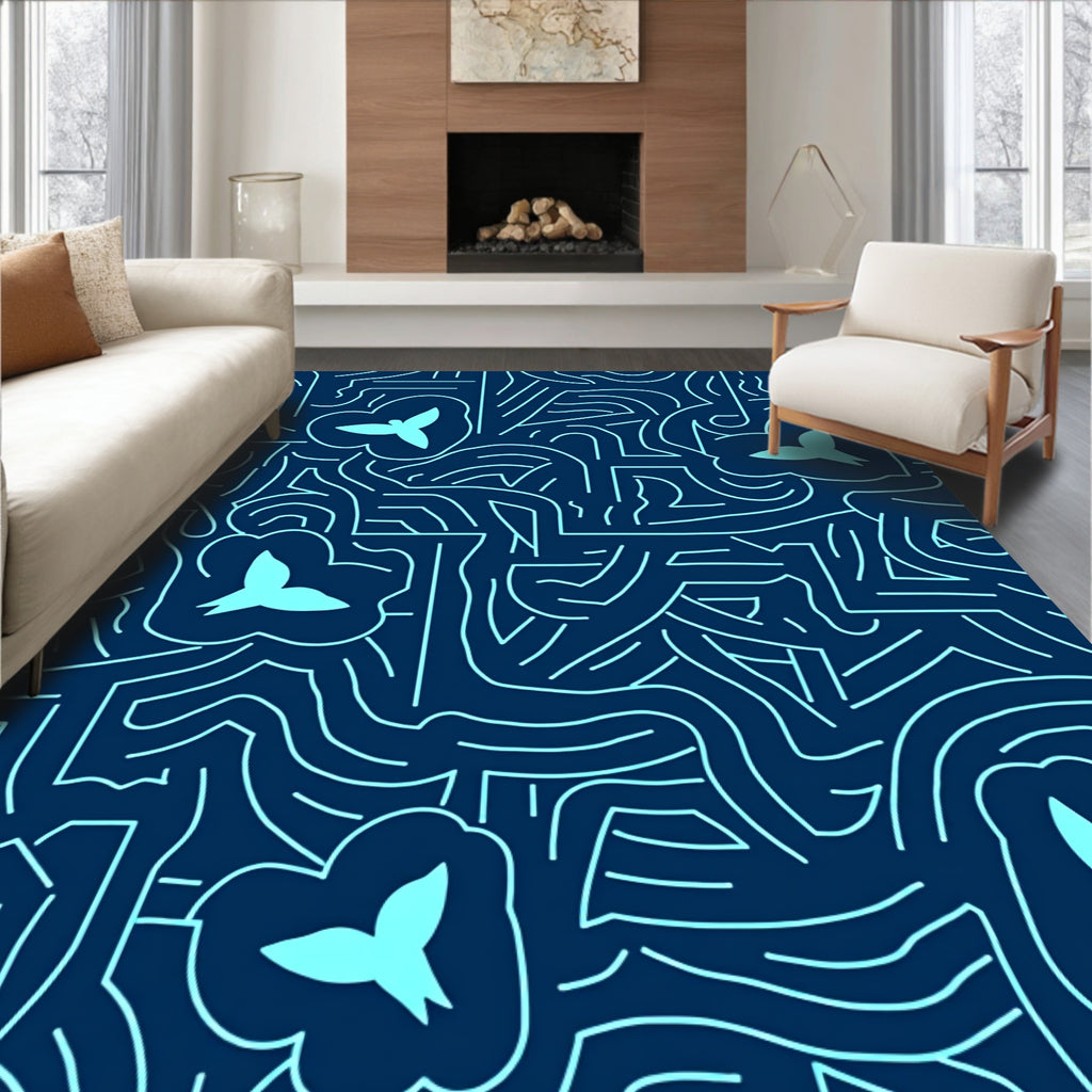 Navy Blue Bird Bloom Abstract Lines Rug
