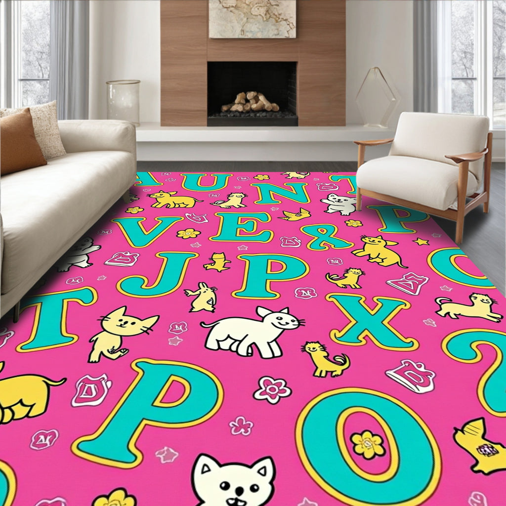 Pink Alphabet Cats and Numbers Rug