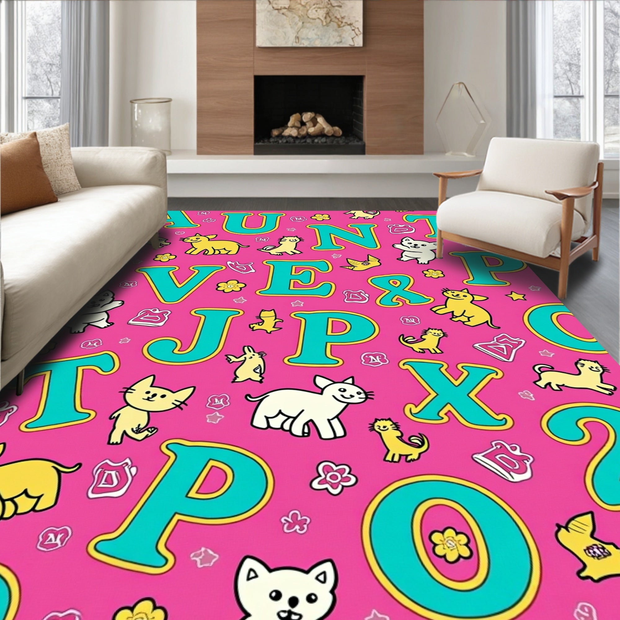 Pink Alphabet Cats and Numbers Rug