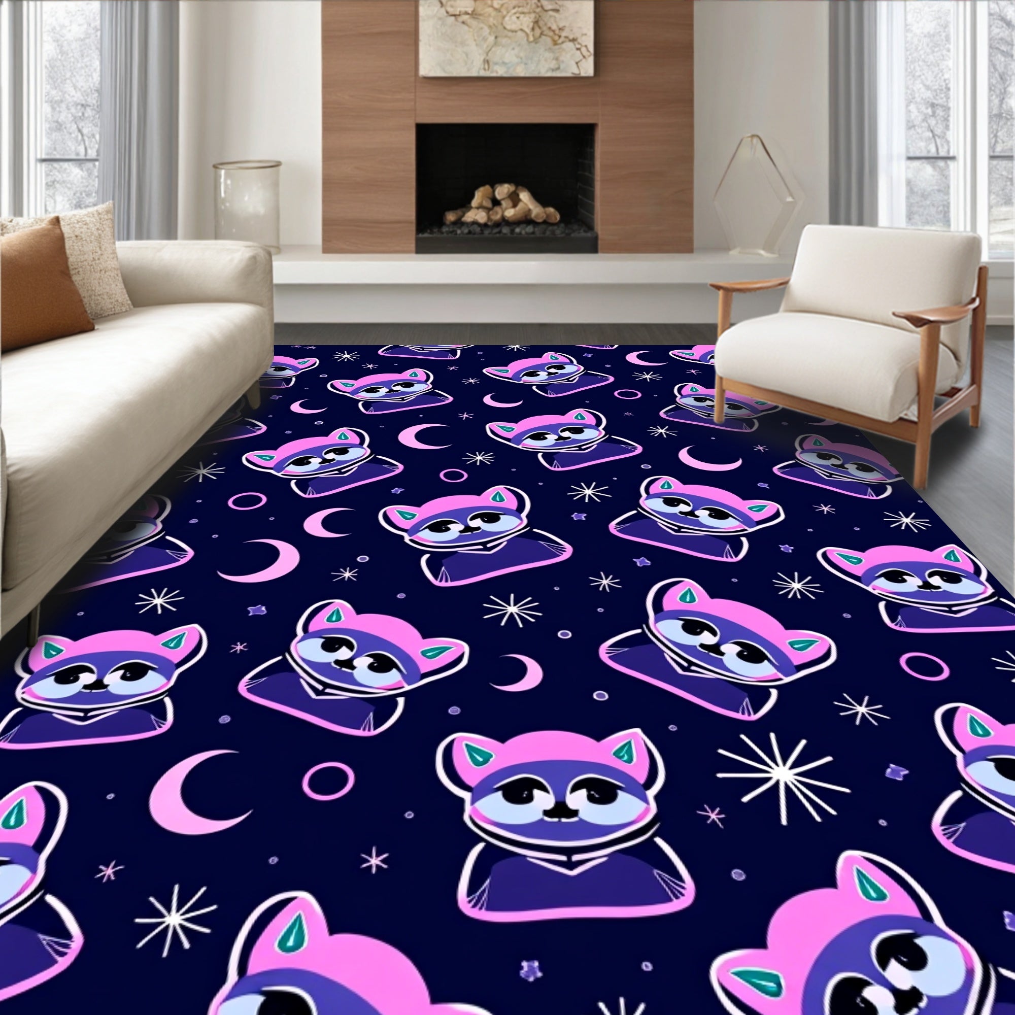 Cute Raccoons And Cosmic Moons Rug
