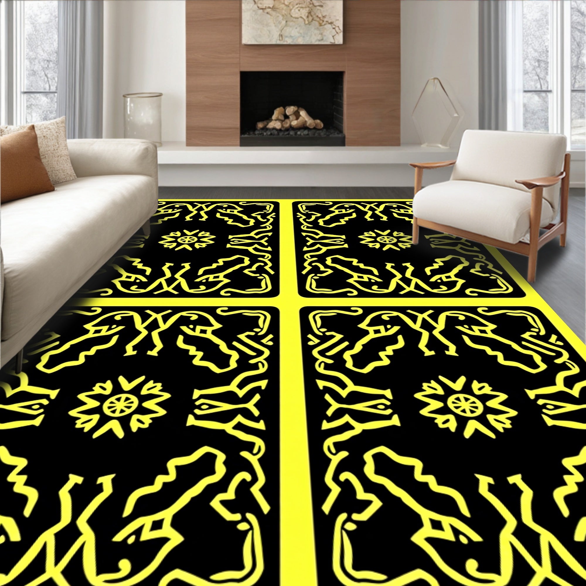 Bold Yellow Black Ancient Motif Rug