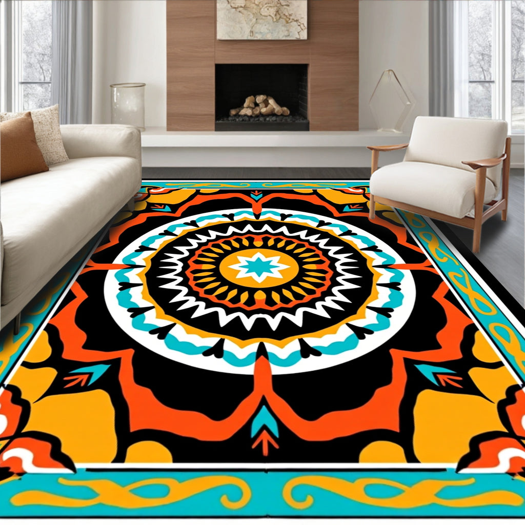 Bright Teal Orange Geometric Medallion Rug