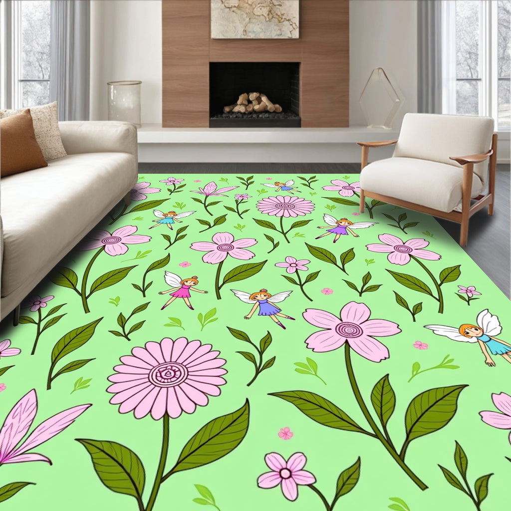 Whimsical Pink Fairy Floral Garden Print Rug