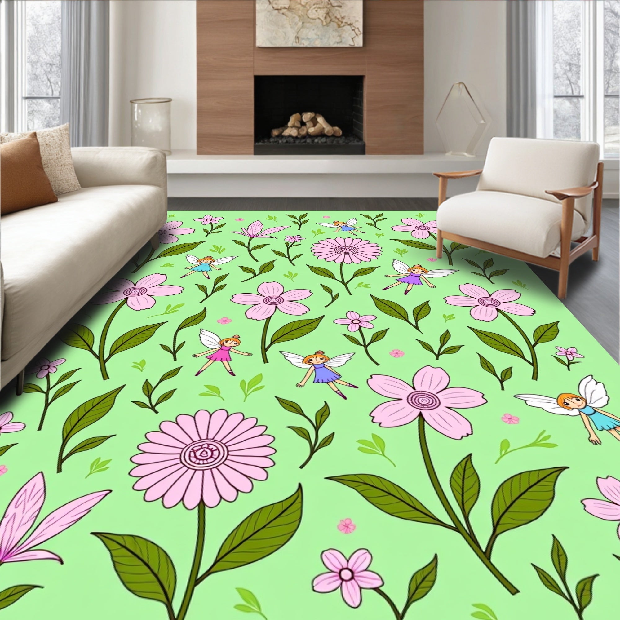 Whimsical Pink Fairy Floral Garden Print Rug