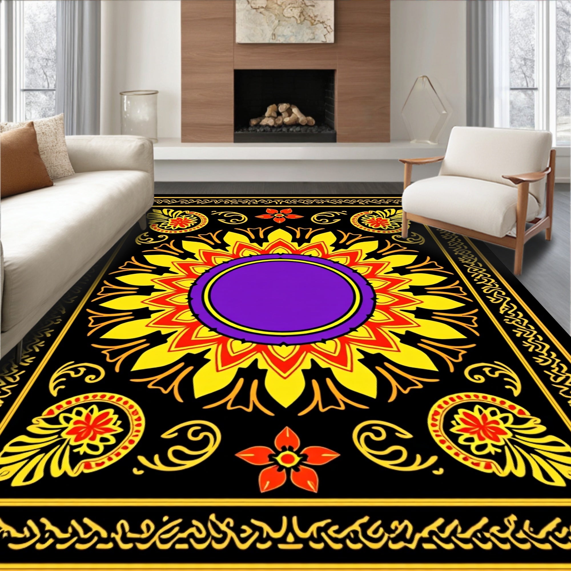 Bold Yellow Sunflower Purple Center Rug