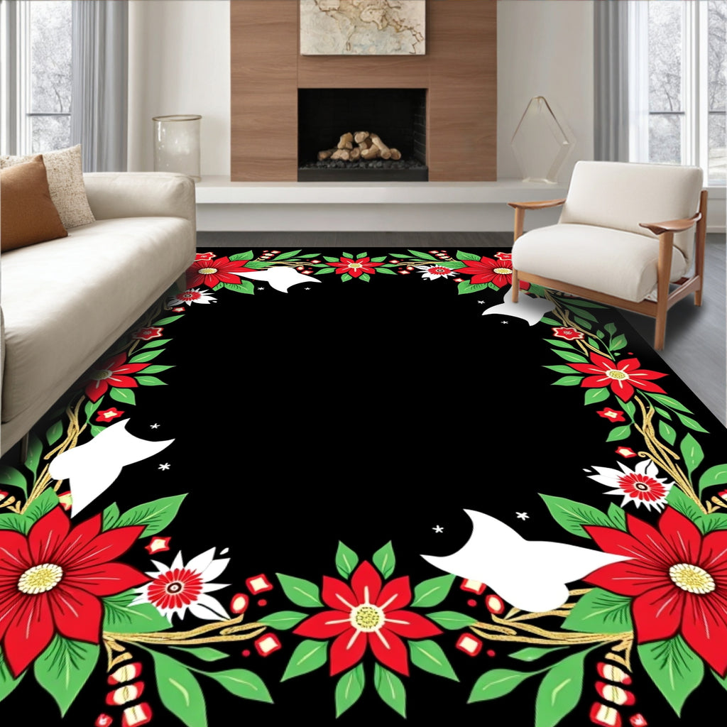 Festive Red Poinsettia Floral Border Rug