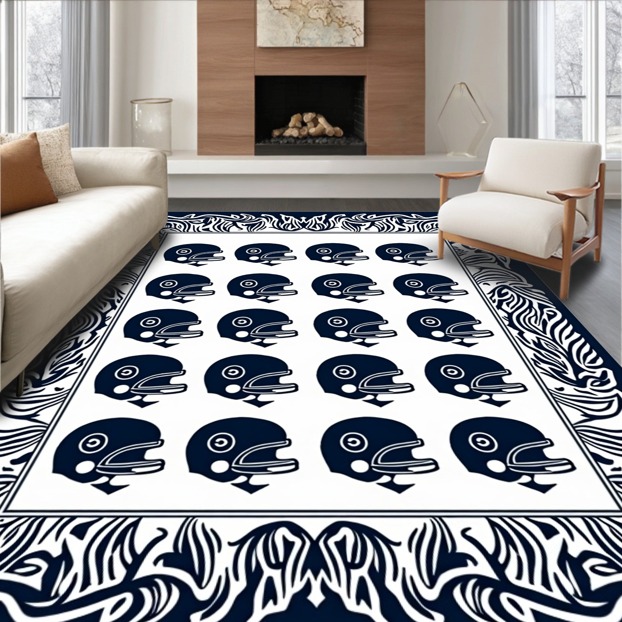Navy Blue Football Helmet Grid Rug