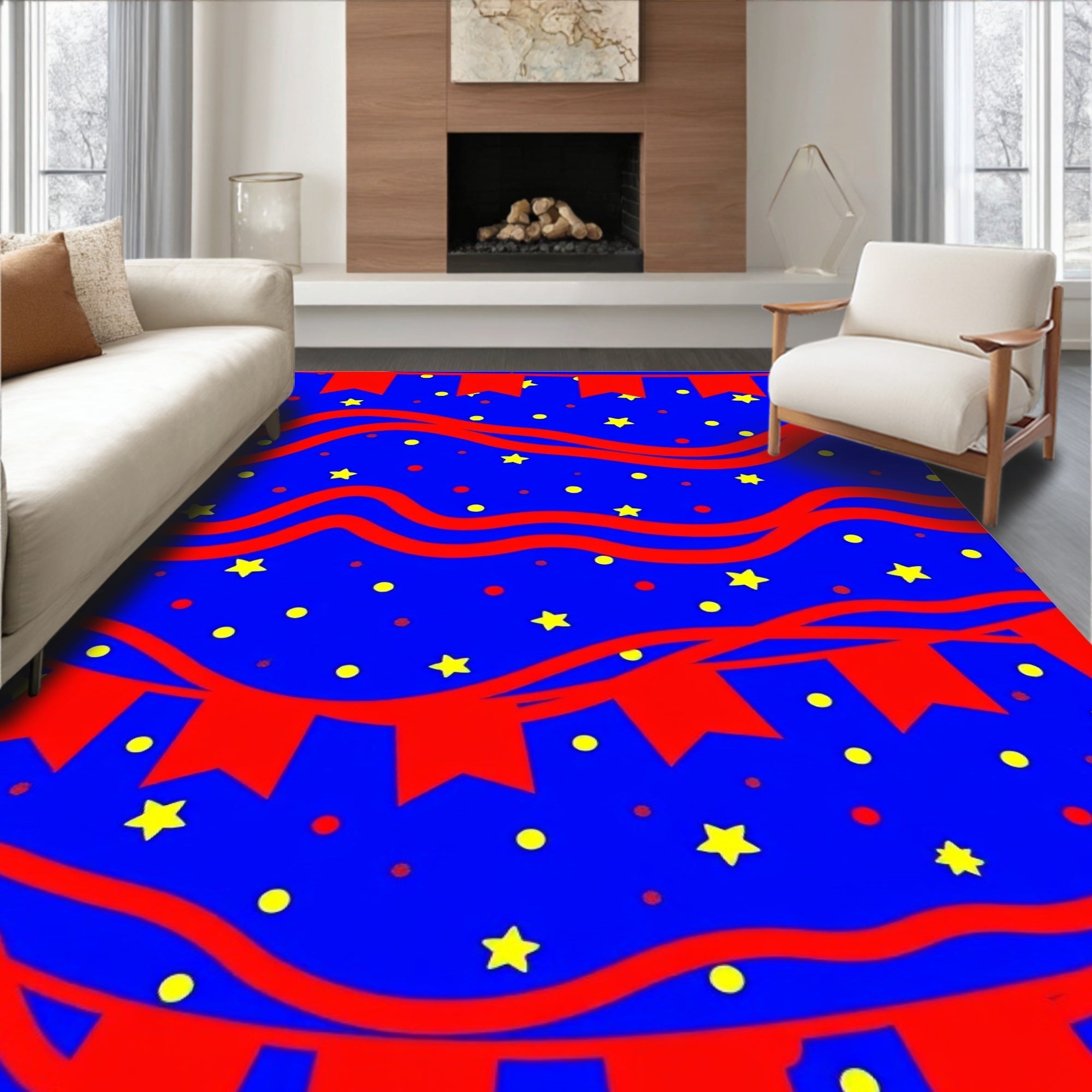 Festive Red Bunting Yellow Stars Rug