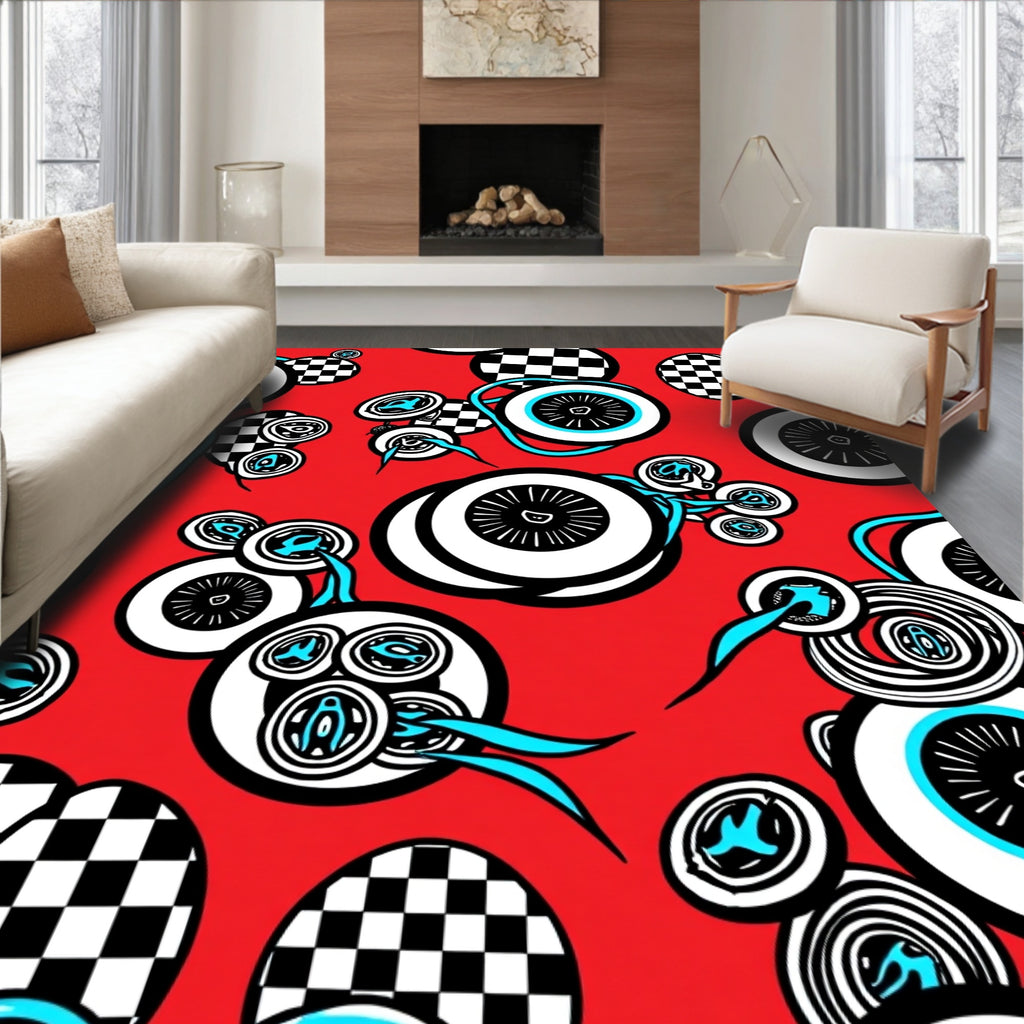 Retro Red Checkerboard Abstract Circles Rug