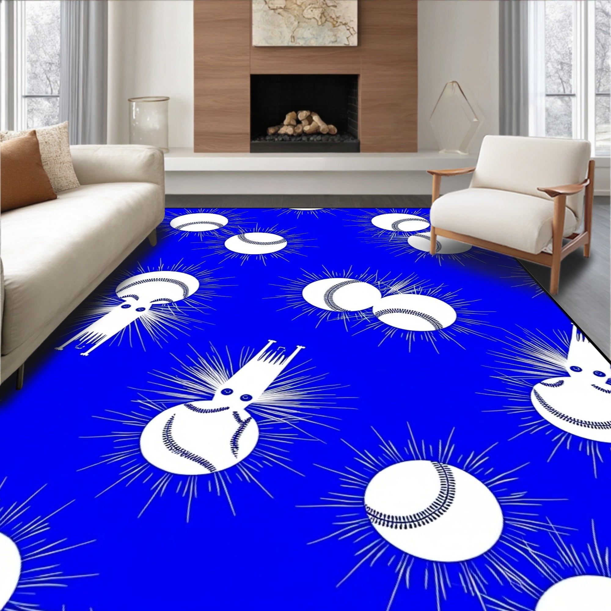Whimsical Baseball Creatures Exploding Blue Rug