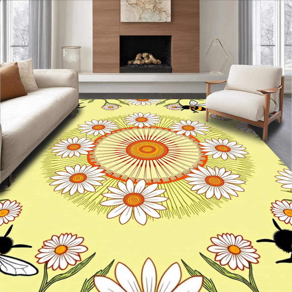 Whimsical Yellow Daisy Bee Mandala Rug