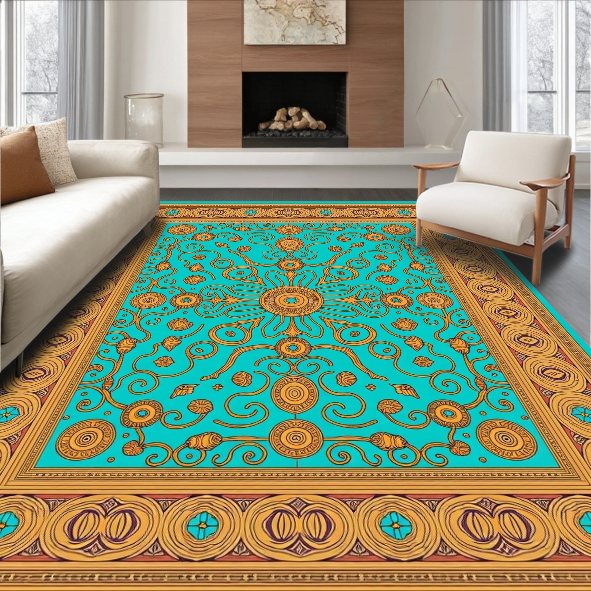 Golden Sunburst Teal Medallion Border Rug