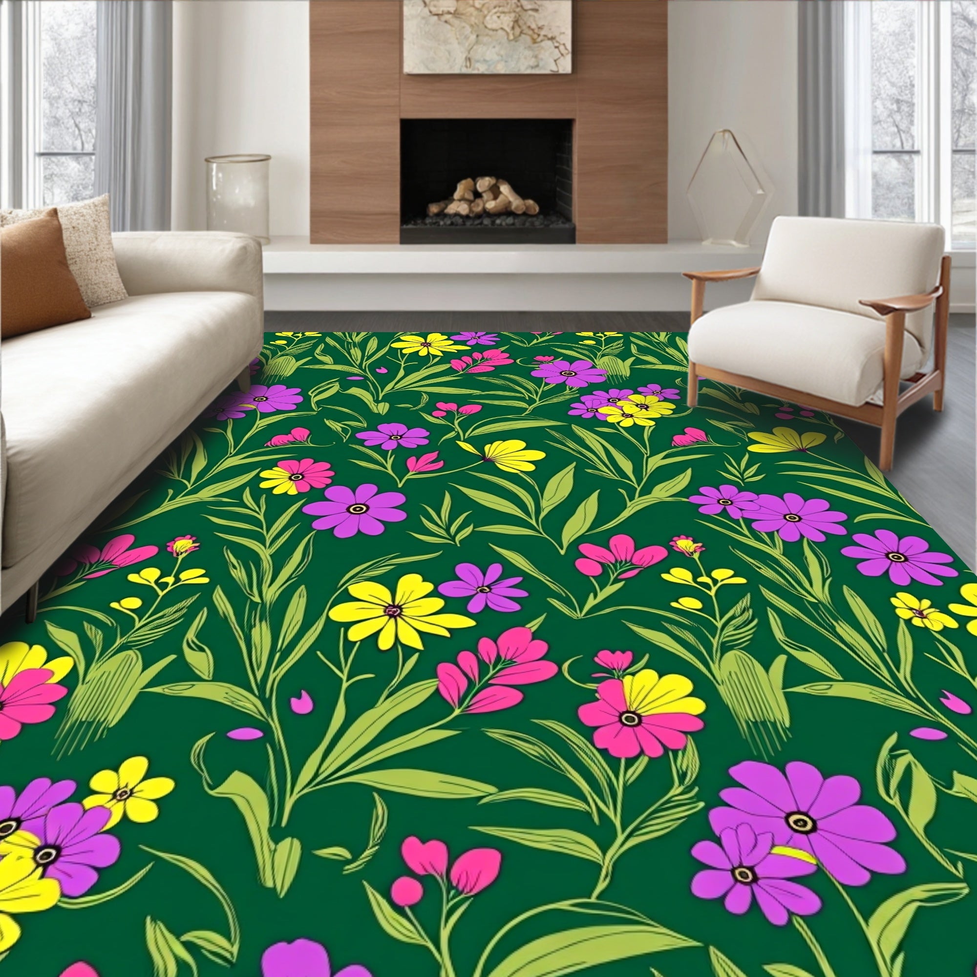 Emerald Garden Pink Yellow Floral Rug