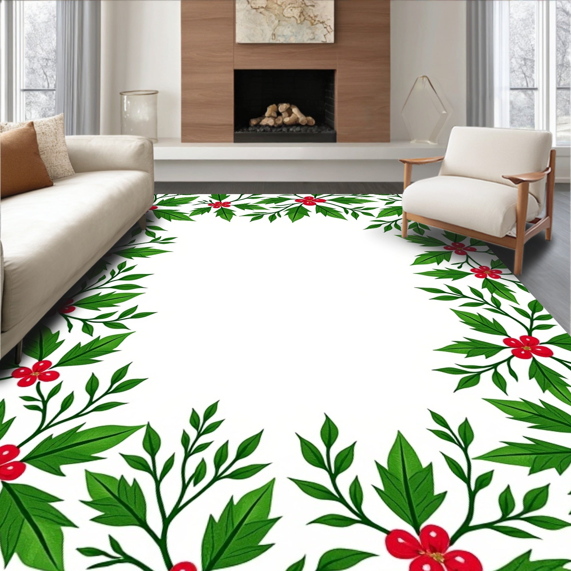 Festive Green Holly Berry Border Rug
