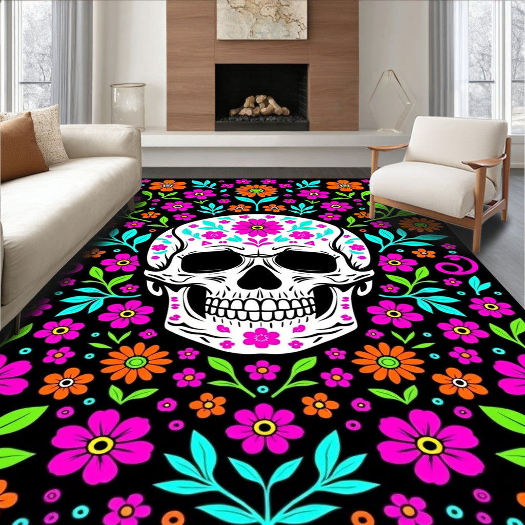 Floral Skull Vibrant Blossom Art Rug
