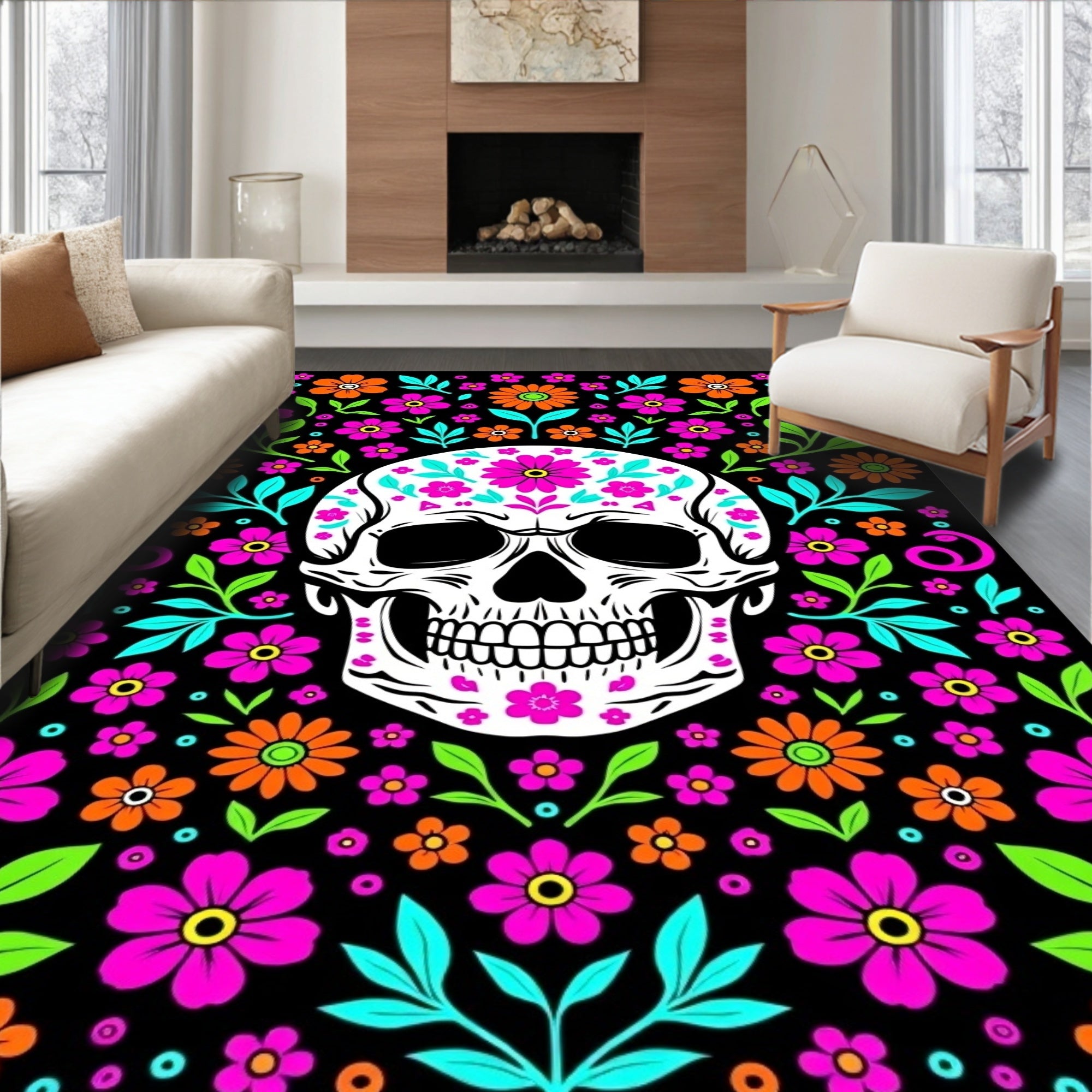 Floral Skull Vibrant Blossom Art Rug