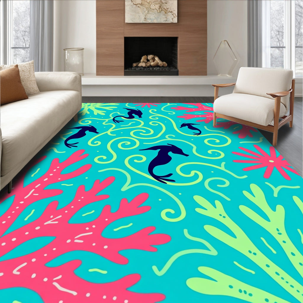 Marine Life Seahorse Coral Swirls Teal Rug