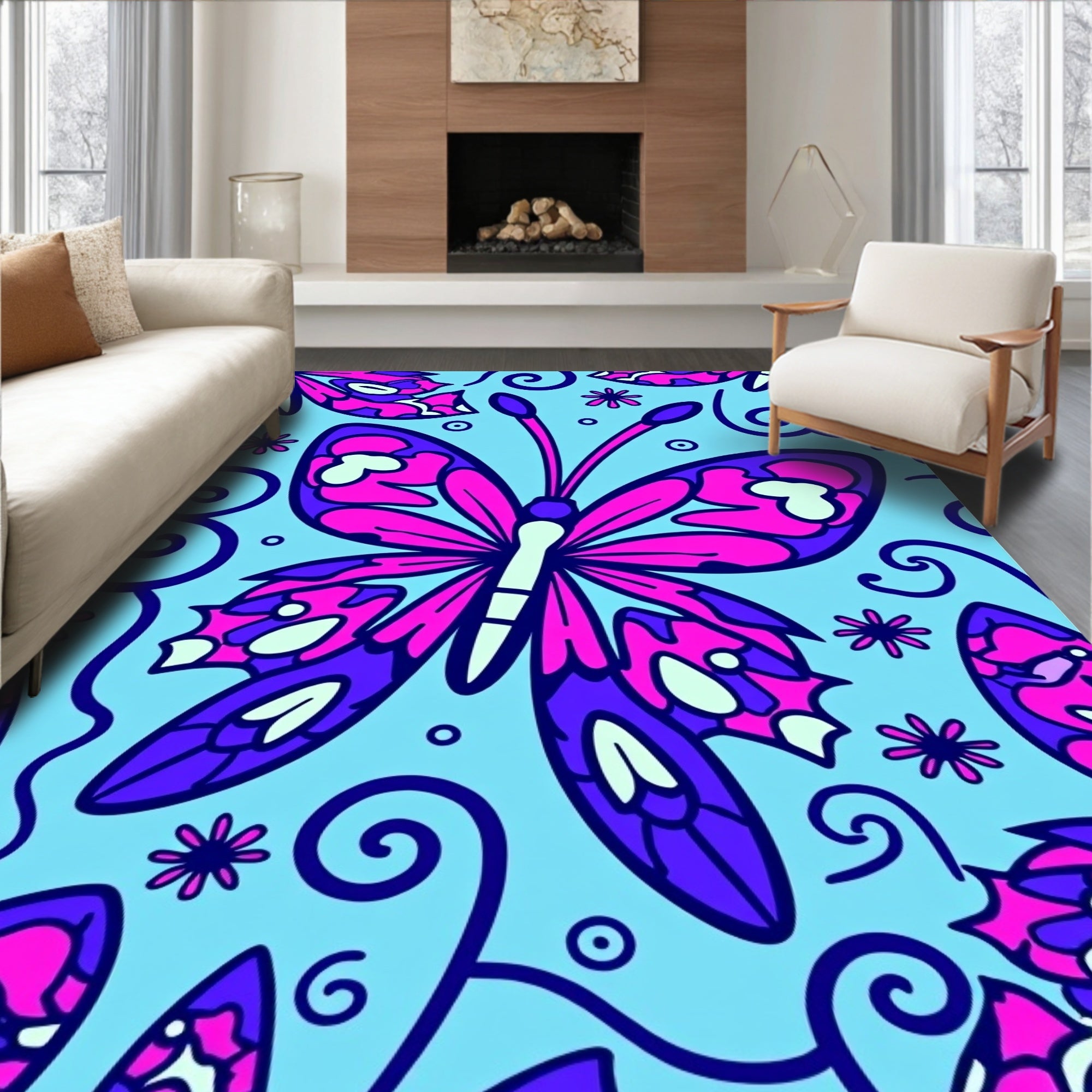 Vibrant Fuchsia Butterfly Swirls Rug