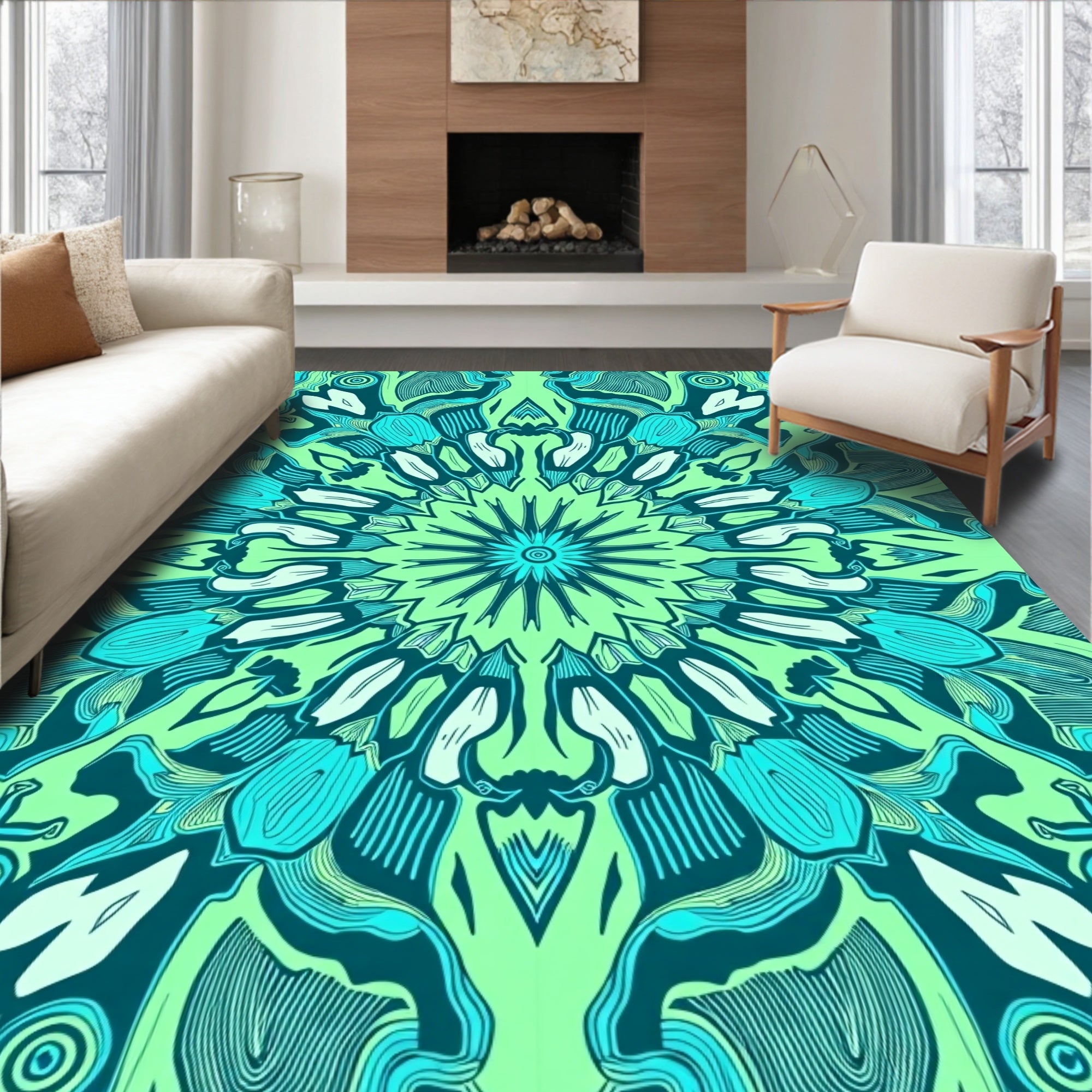 Mint Green Teal Medallion Mandala Rug