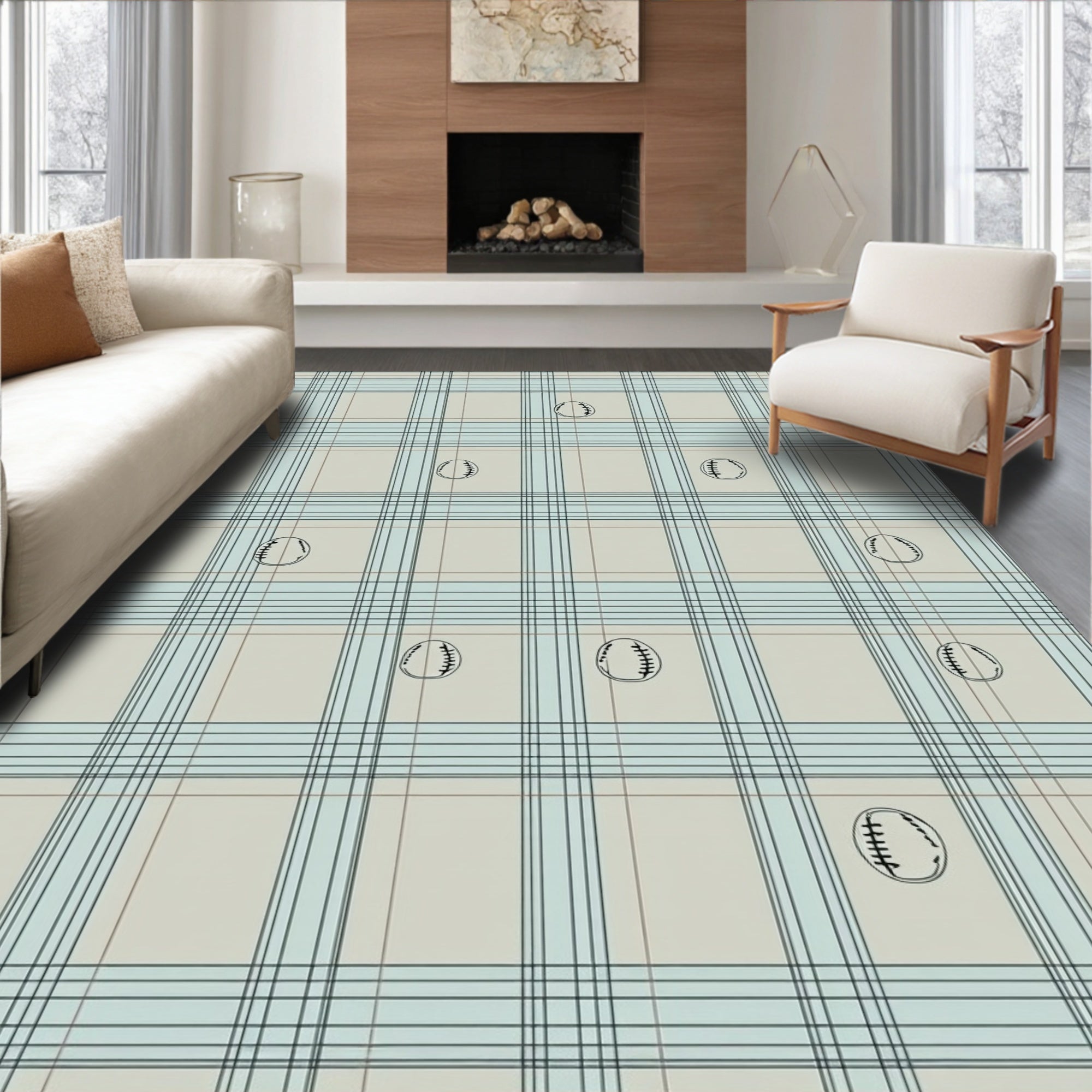 Soft Blue Cream Baseball Plaid Rug