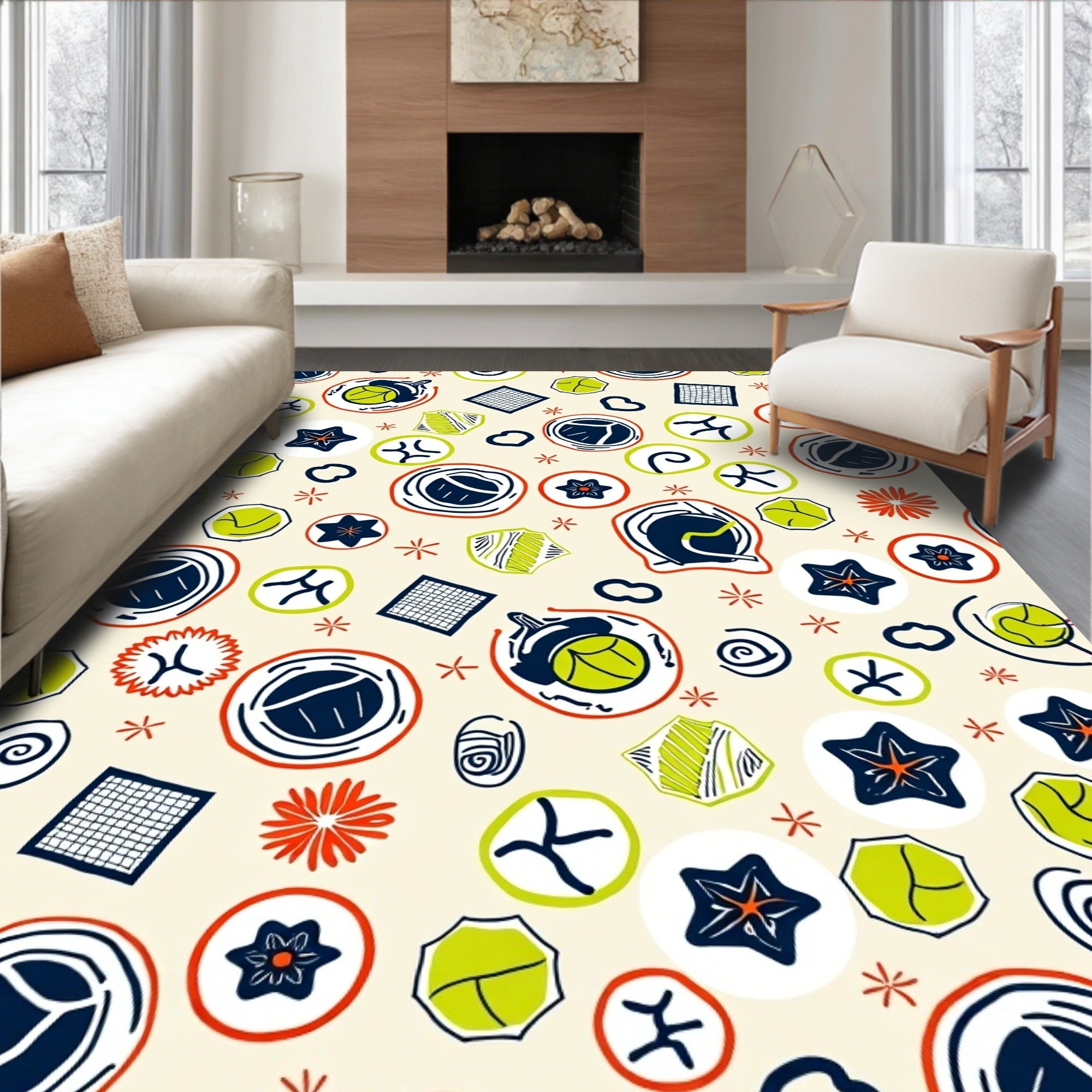Whimsical Navy Green Red Shapes Rug