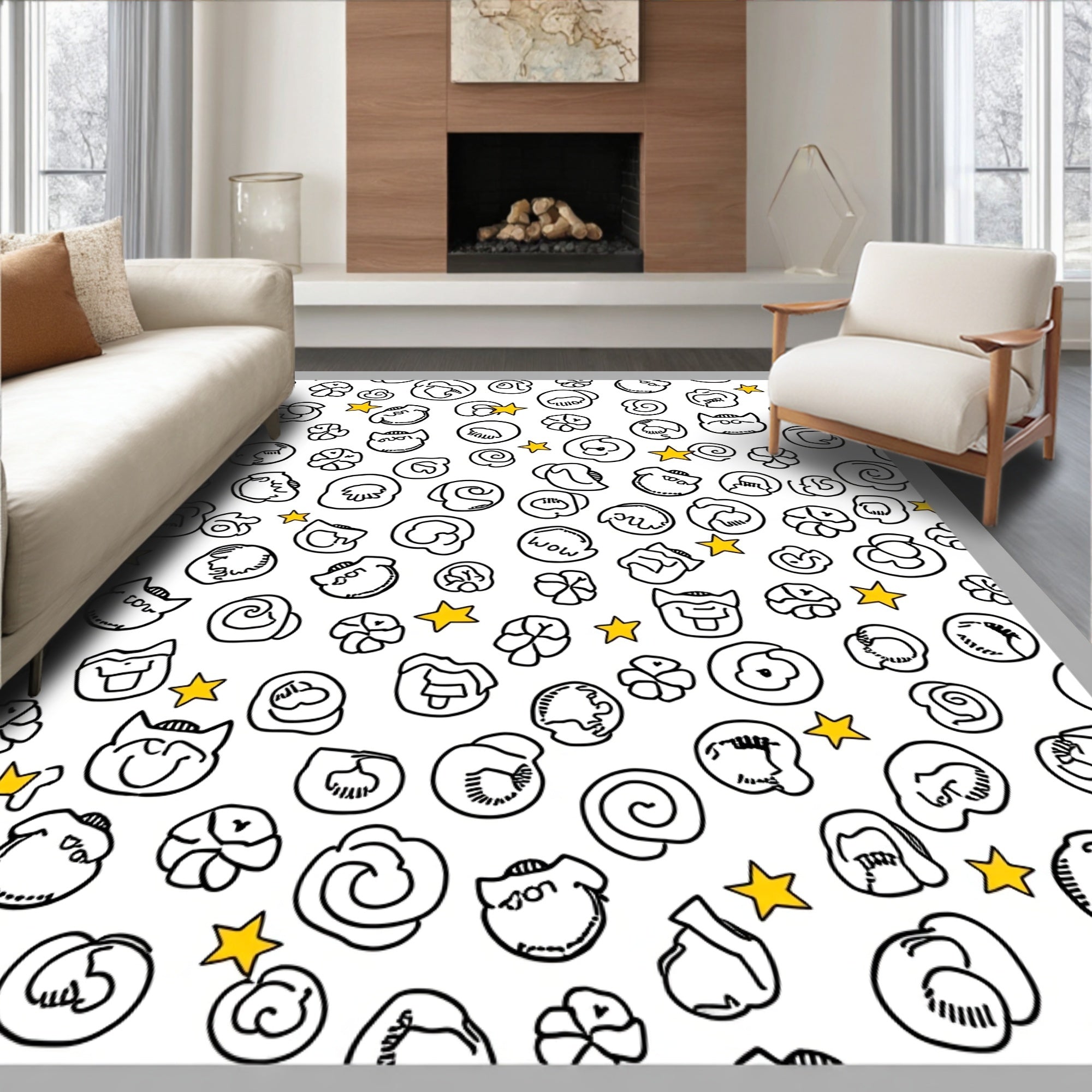 Cute Cartoon Faces Yellow Star Rug
