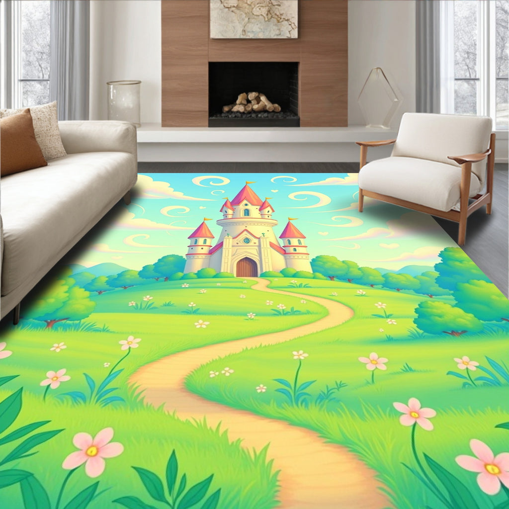 Whimsical Pink Castle on Sunny Hill Rug