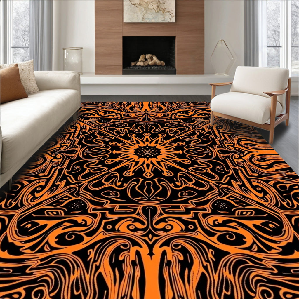 Vibrant Orange Black Abstract Mandala Rug