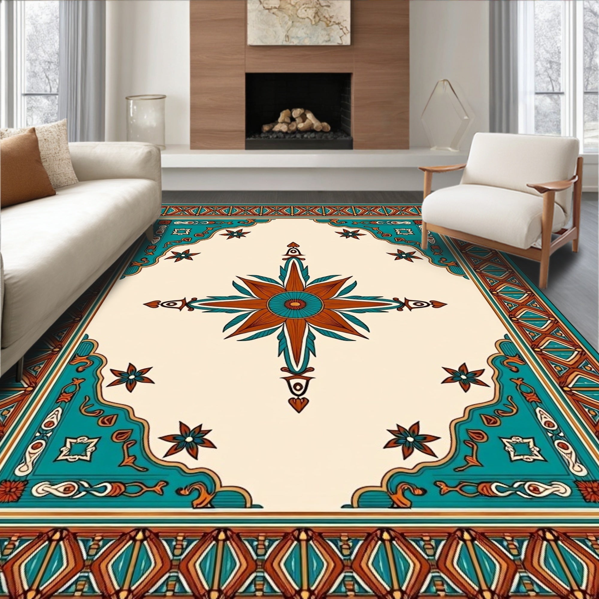 Terracotta Teal Floral Central Star Rug