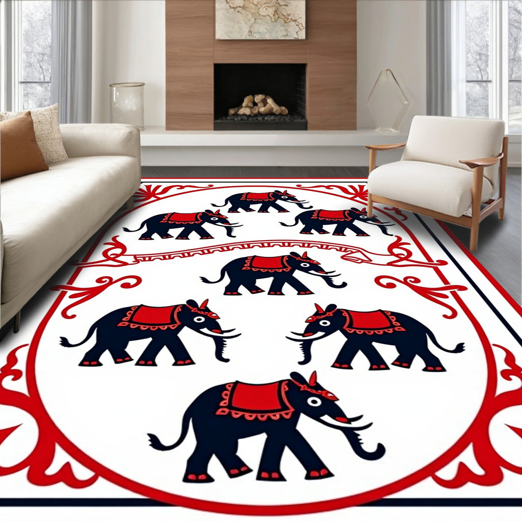 Crimson Elephant Parade Oval Rug