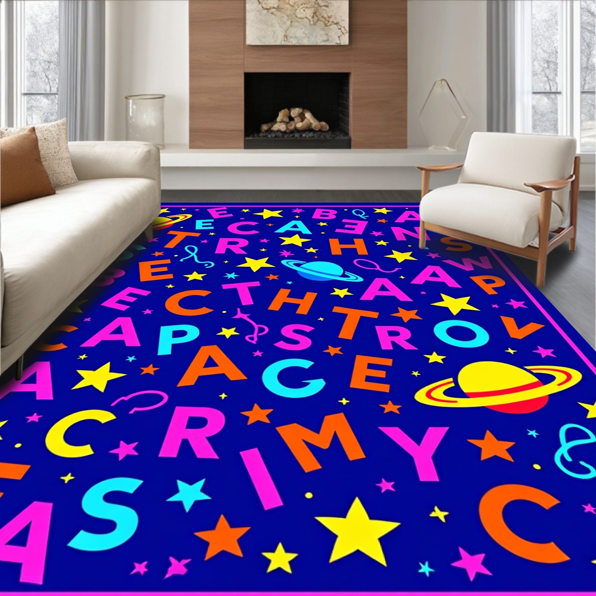 Colorful Space Stars Alphabet Rug