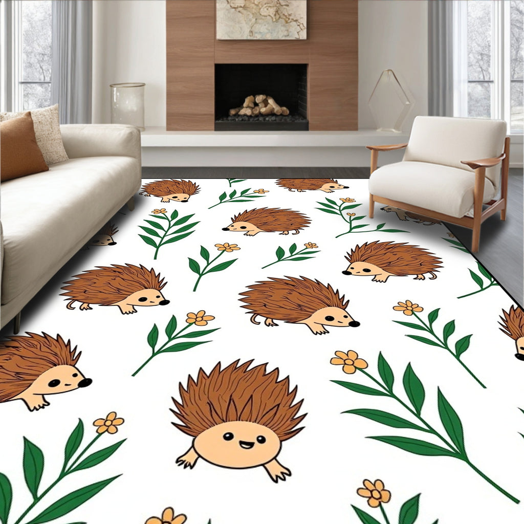 Whimsical Brown Hedgehog Garden Floral Rug