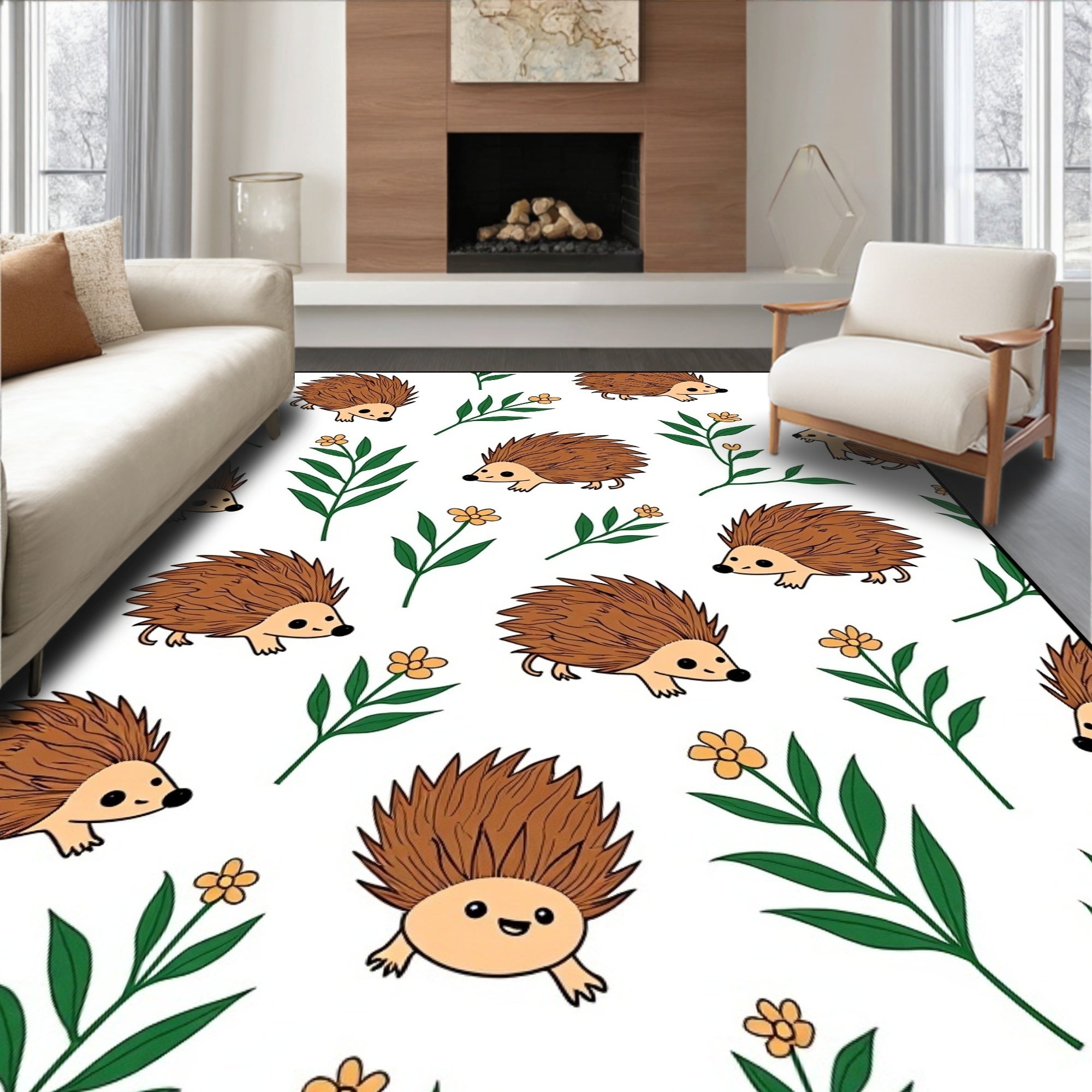 Whimsical Brown Hedgehog Garden Floral Rug