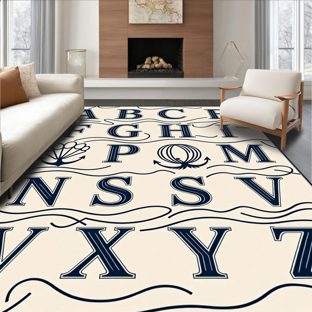 Nautical Alphabet Navy Ivory Waves Rug