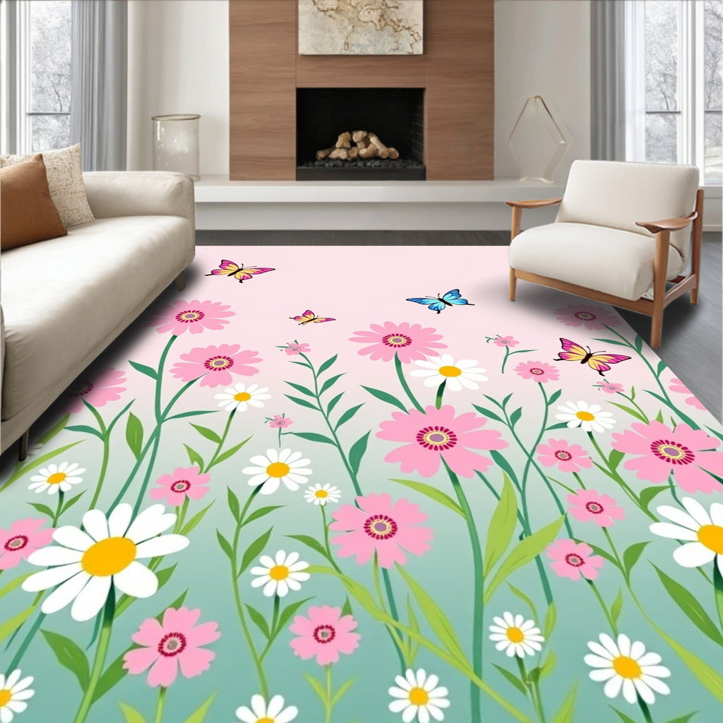 Pink Daisy Field Butterflies Garden Rug
