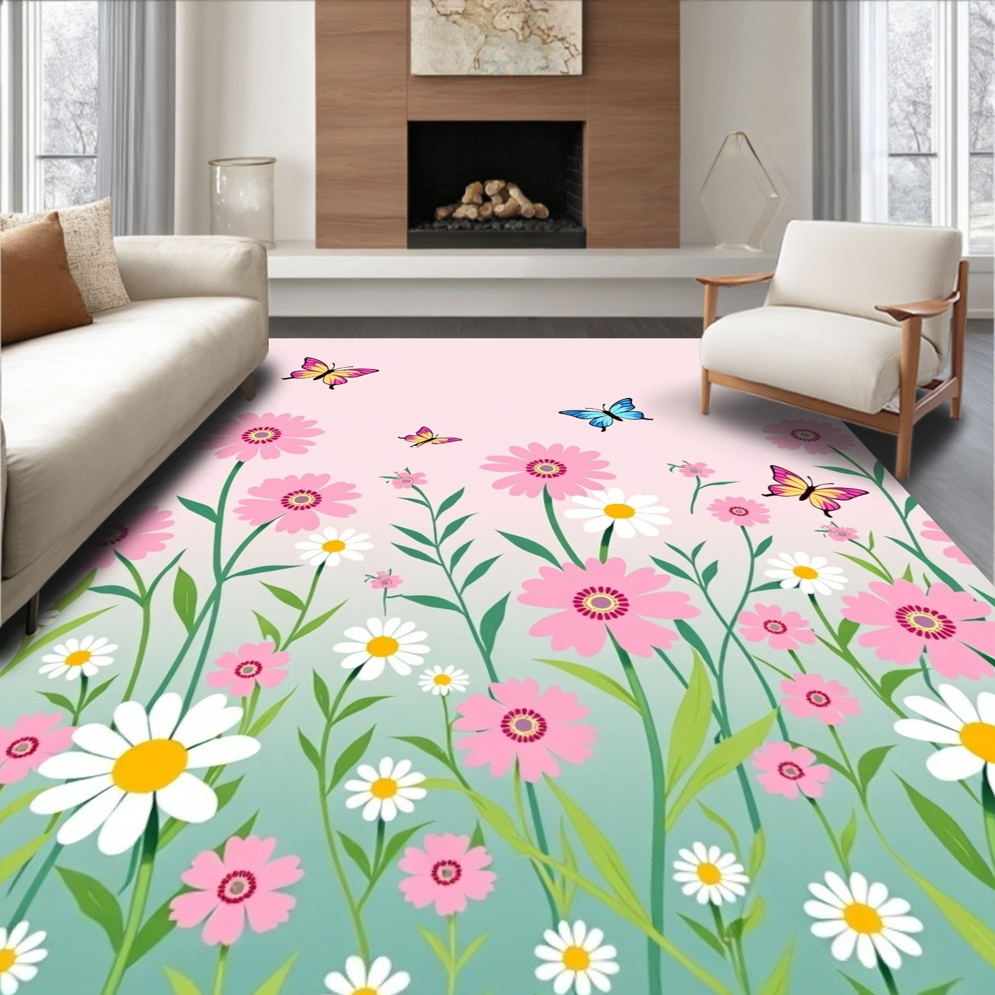 Pink Daisy Field Butterflies Garden Rug