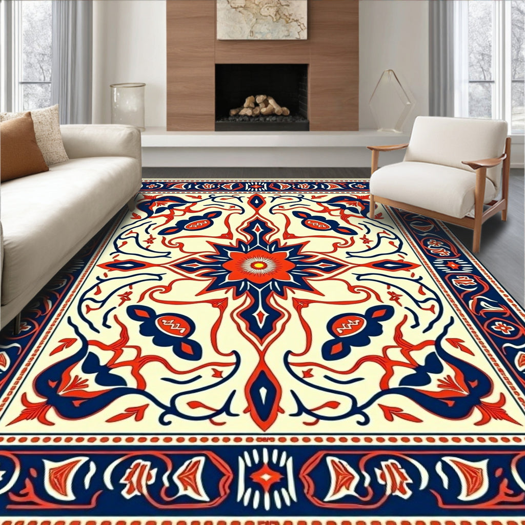 Red Navy Floral Medallion Botanical Layout Rug