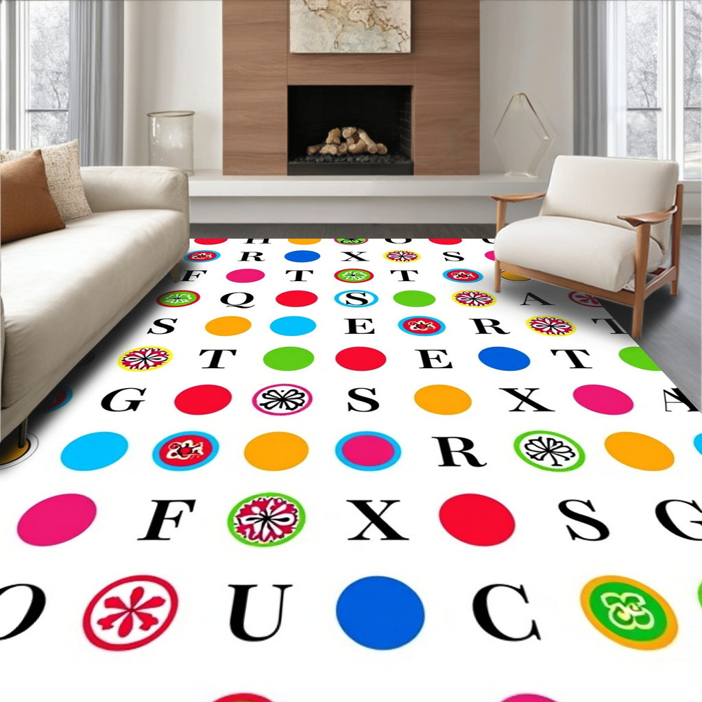 Colorful Circular Letter Graphics Rug
