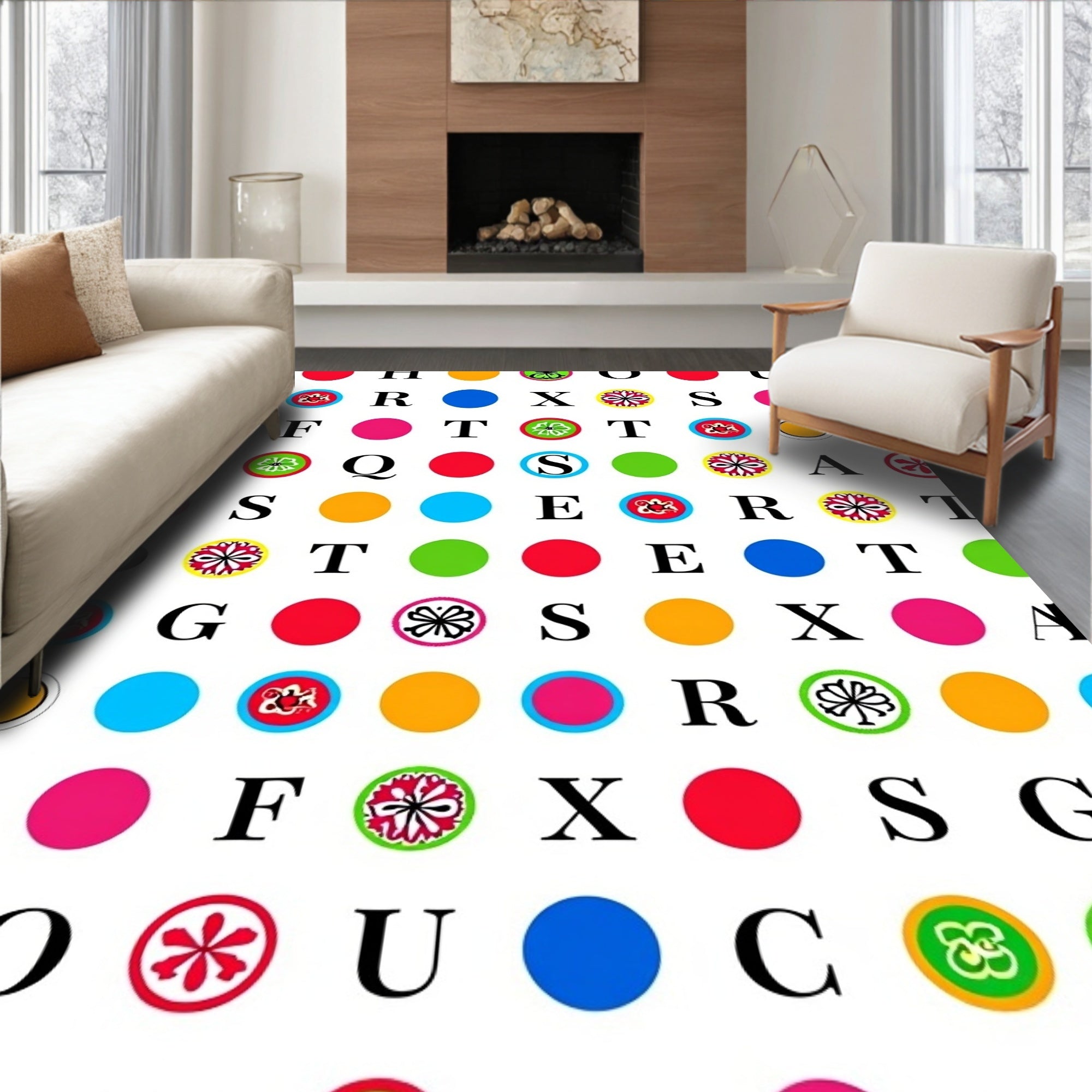 Colorful Circular Letter Graphics Rug
