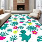 Playful Teal Dinosaur Floral Jungle Rug