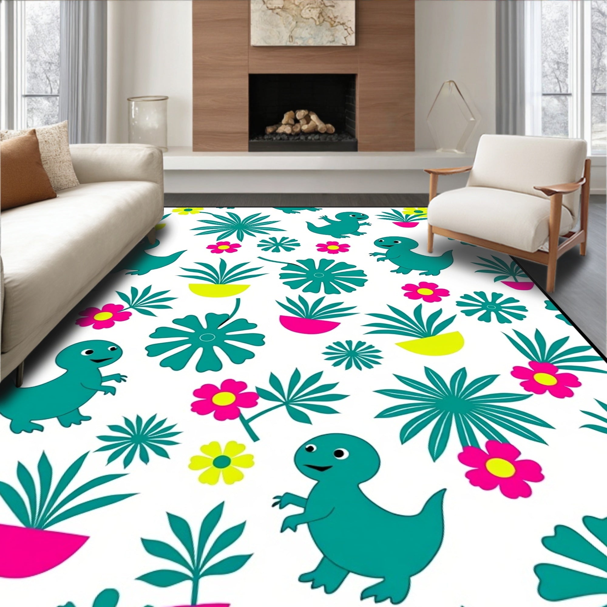 Playful Teal Dinosaur Floral Jungle Rug