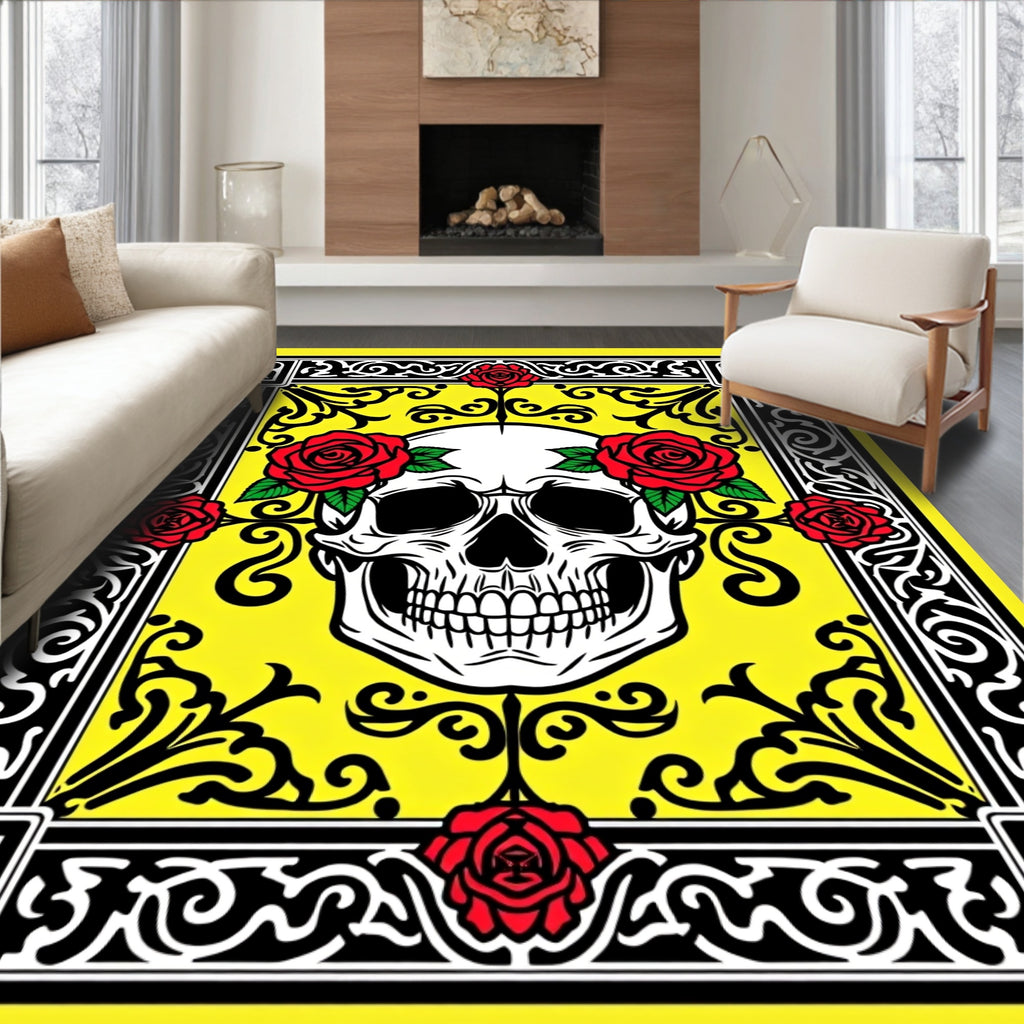 Bold Red Rose Skull Yellow Floral Rug