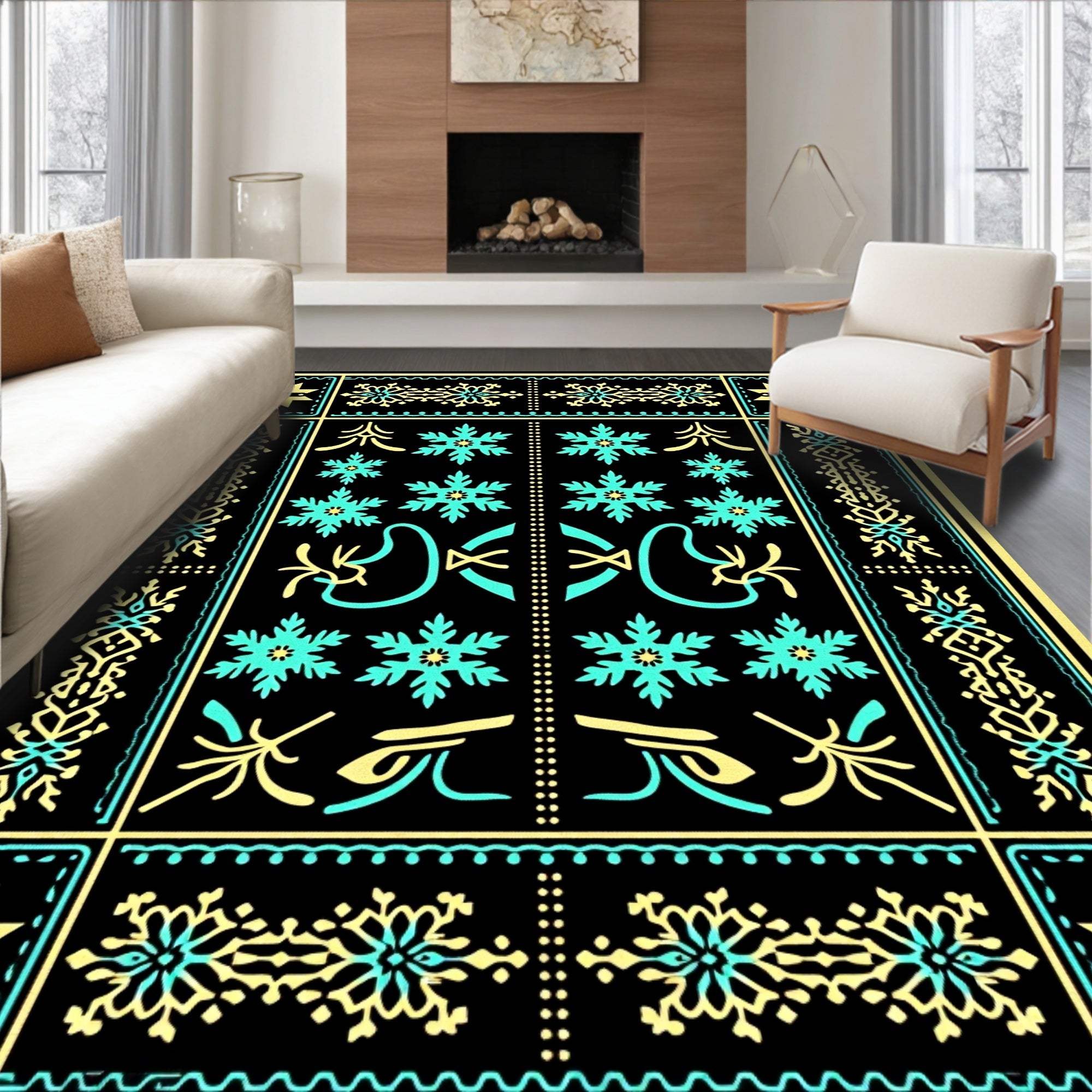 Yellow and Teal Snowflake Folk Art Rug