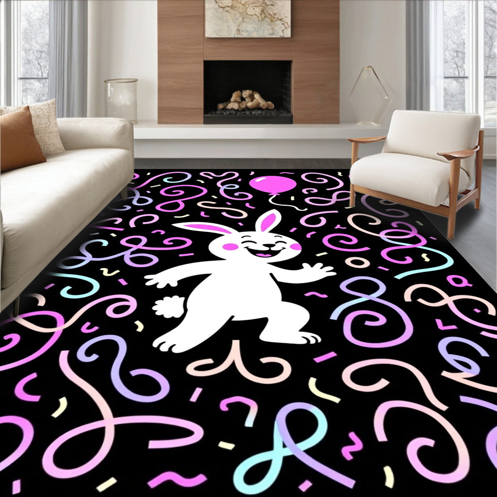 Happy White Bunny Confetti Balloon Swirls Rug