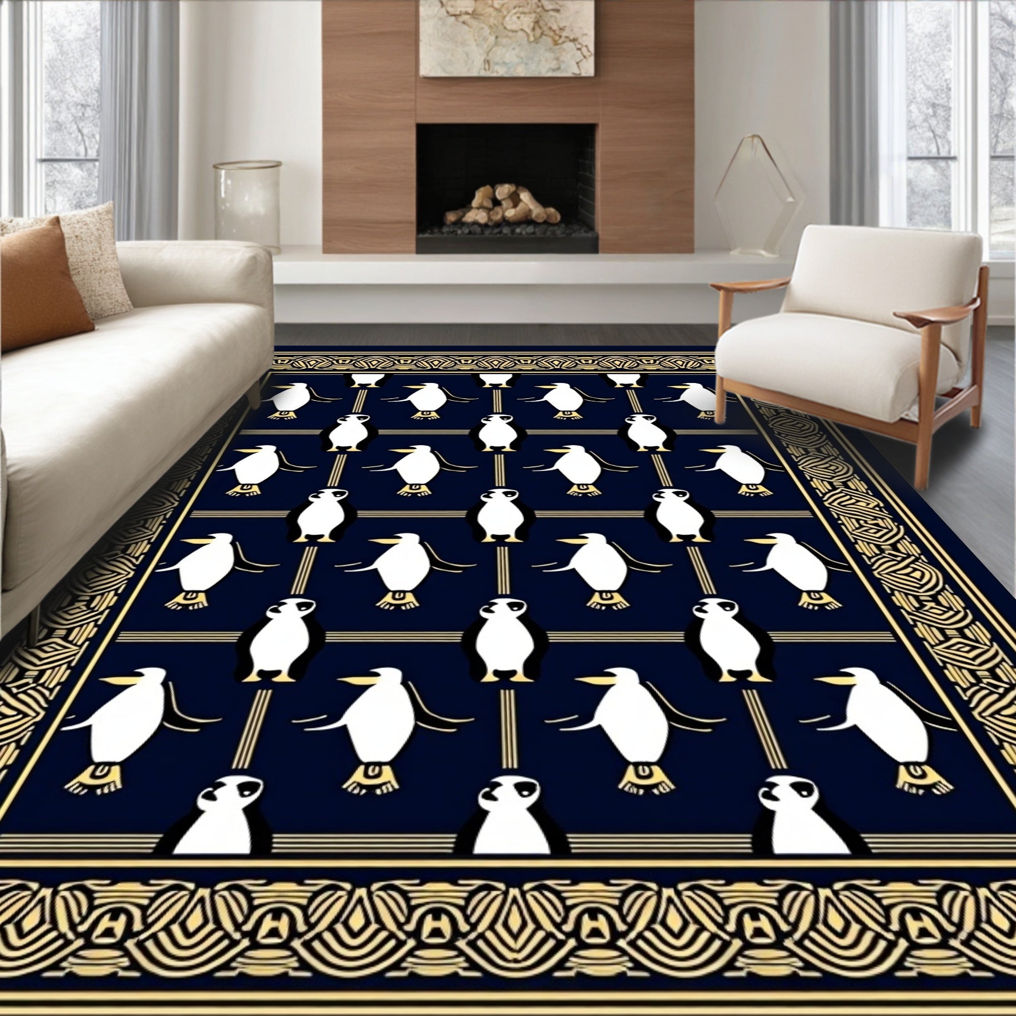 Navy Gold Penguin Border Rug