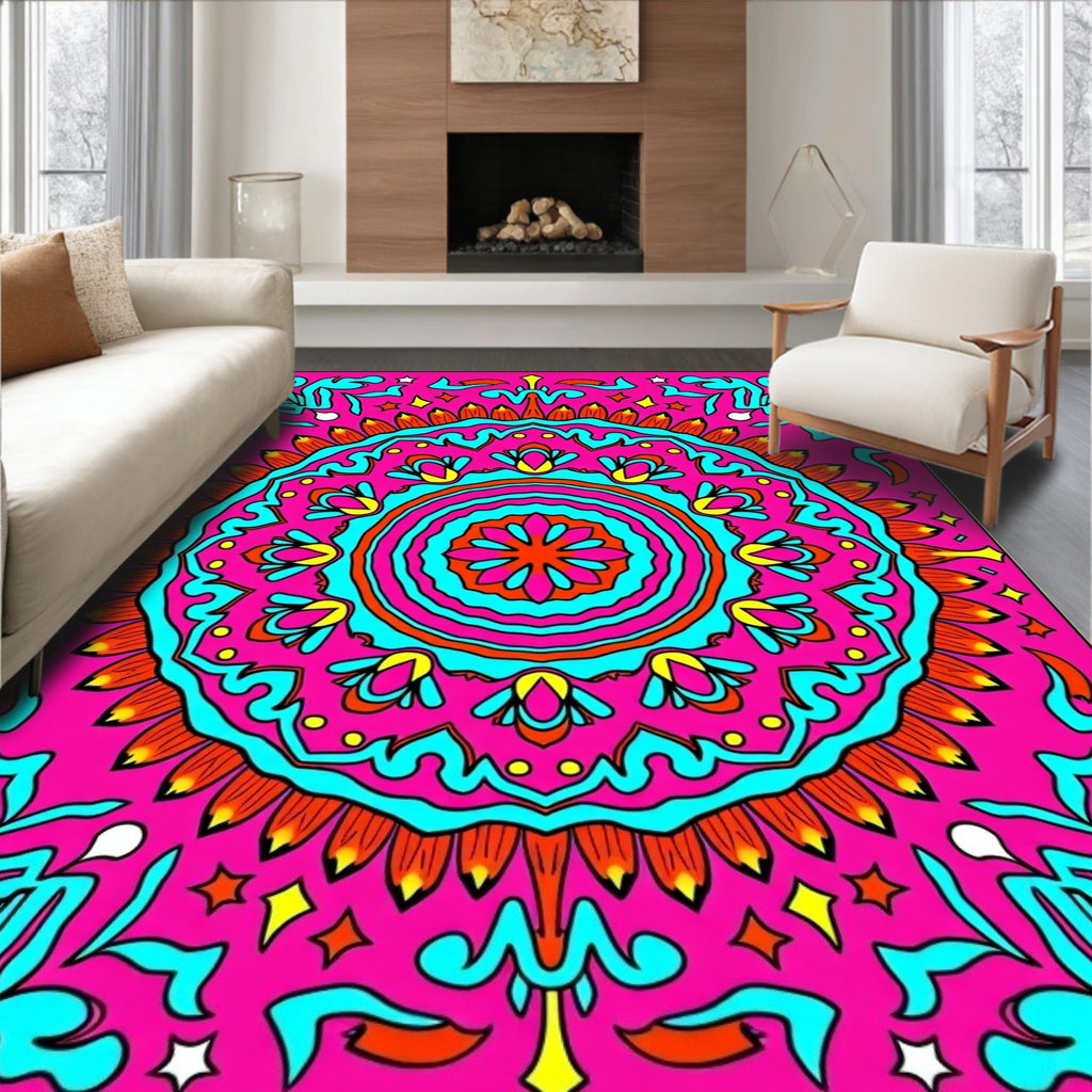 Vibrant Pink Cyan Medallion Stars Rug