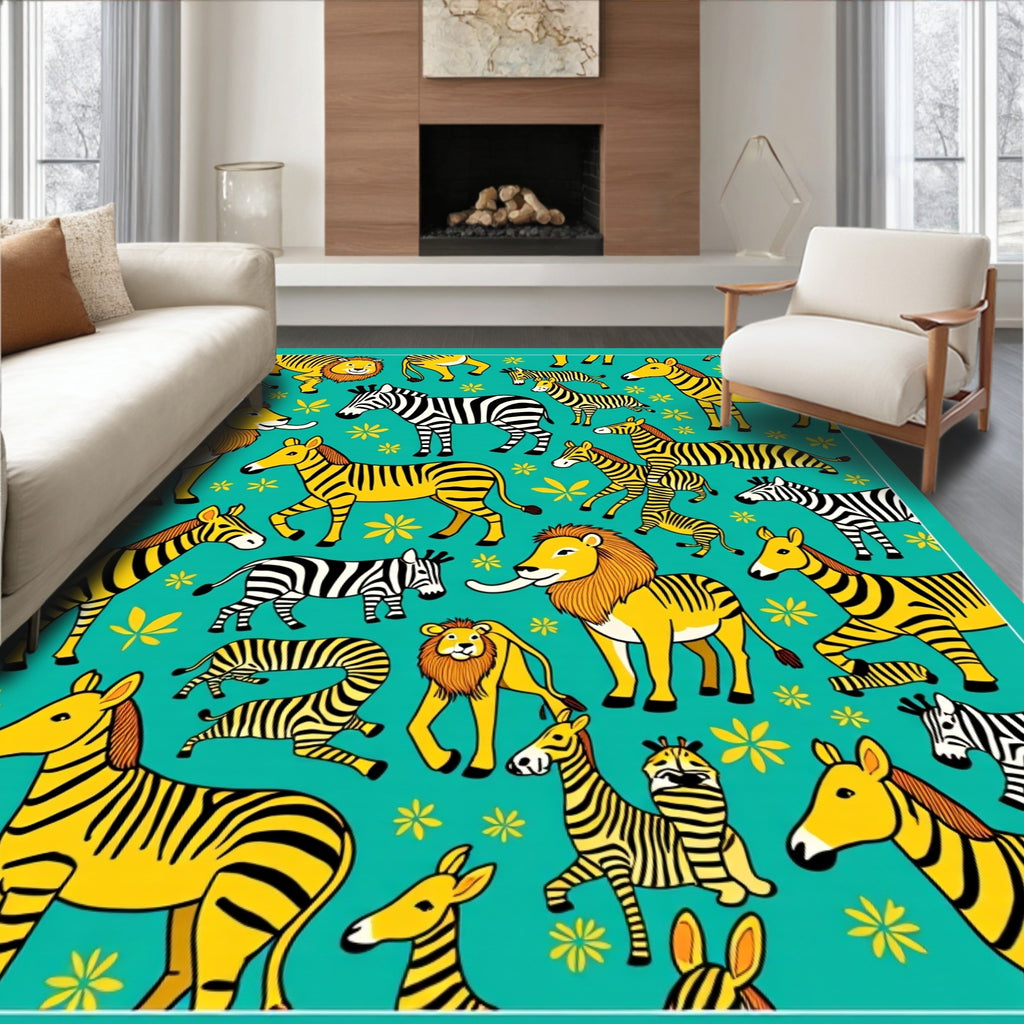 Teal Yellow Lion Zebra Jungle Creatures Rug