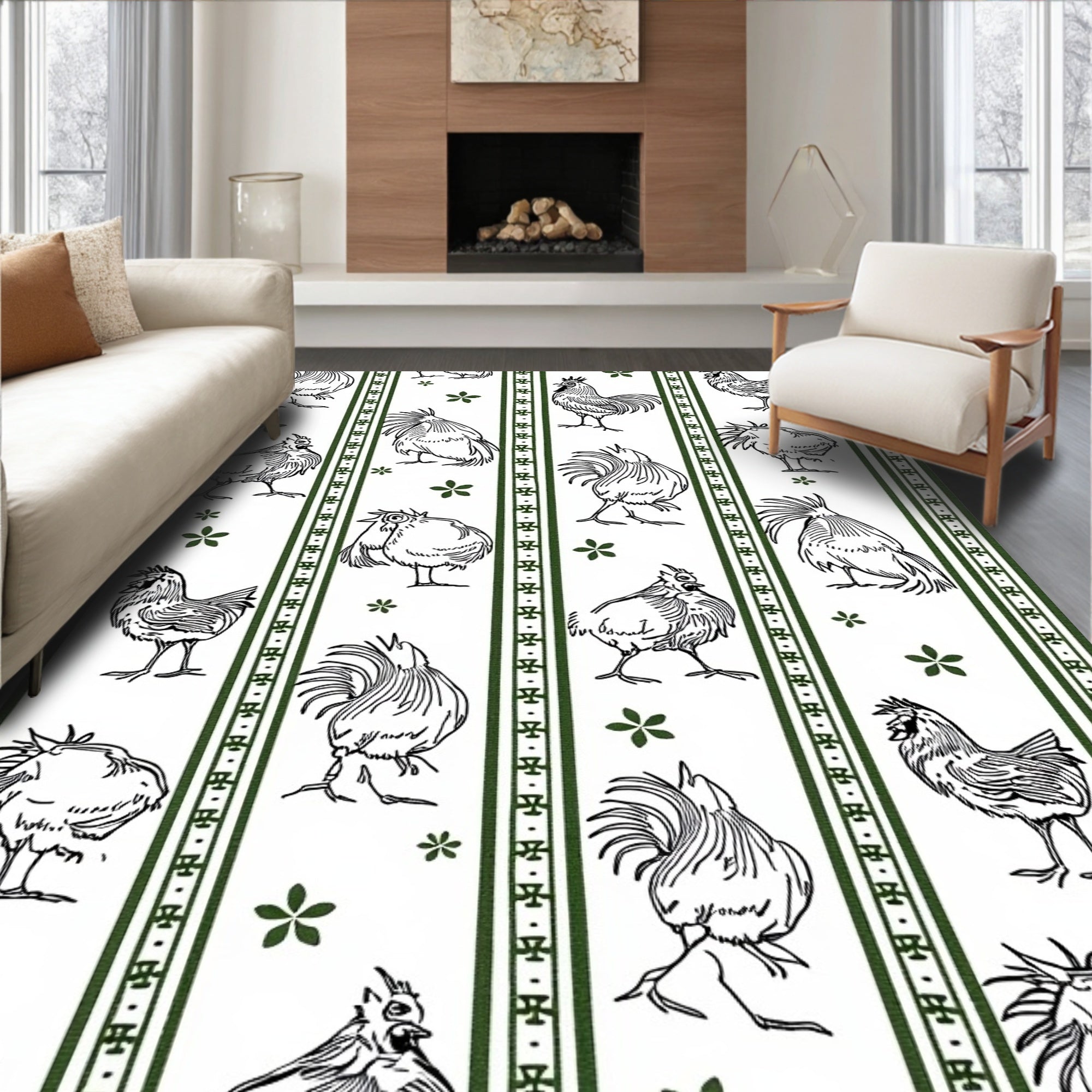 Farmhouse Black White Rooster Floral Stripes Rug