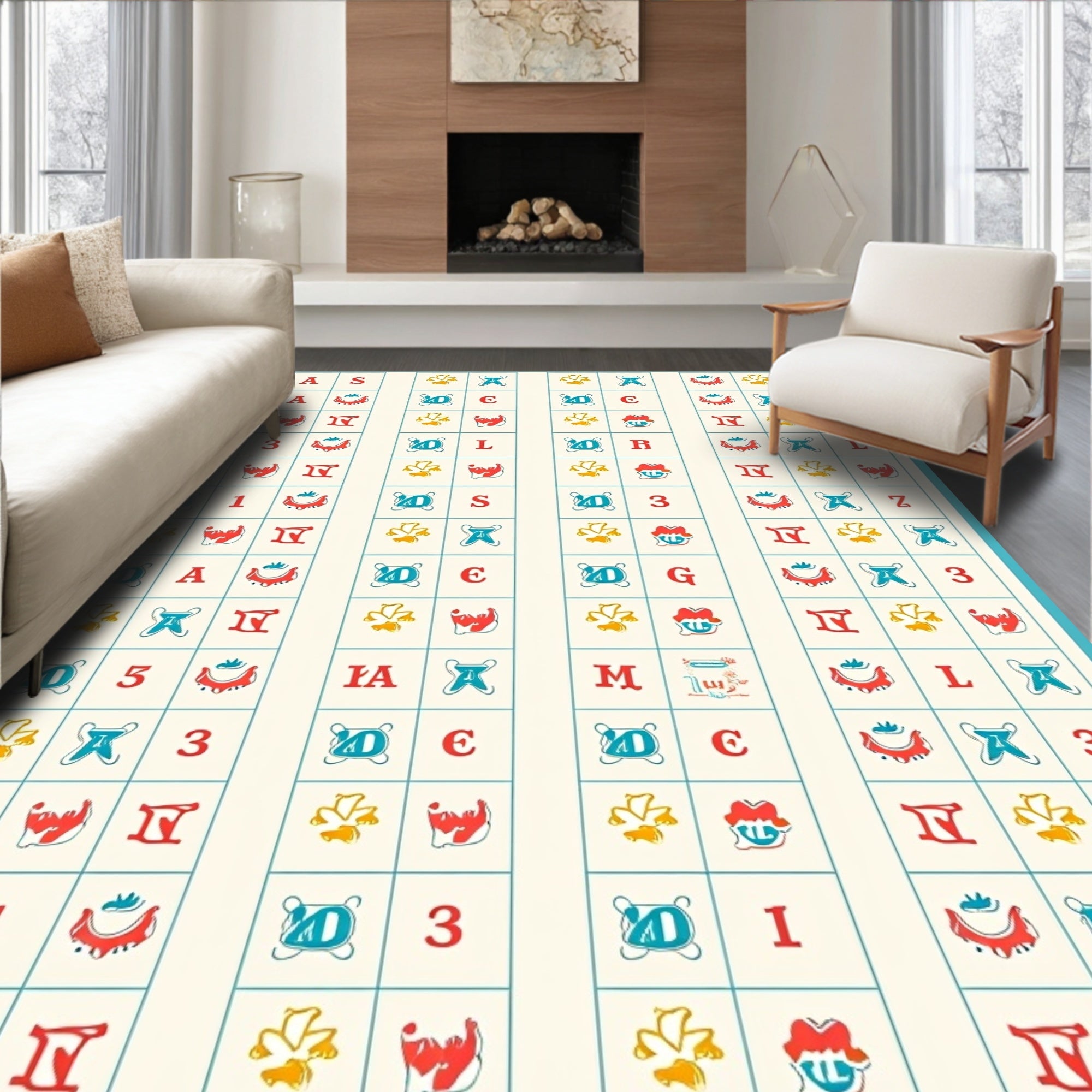 Aqua Red Yellow Geometric Grid Rug